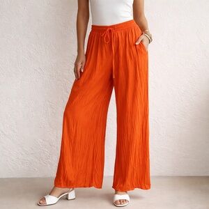 Joie Orange Crinkle Satin Wide Leg Resort Pants Drawstring Waist Size Large